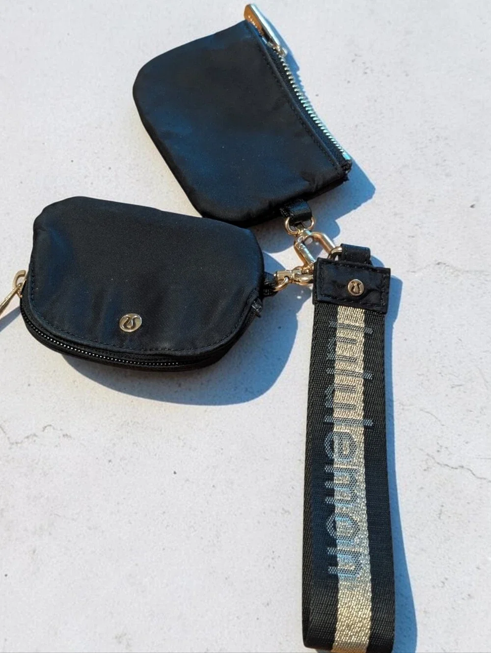 Lululemon athletica Black Double Pouch Wristlet with Gold Accents